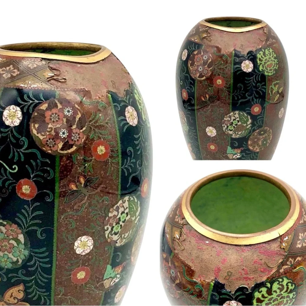 Antique Japanese Meiji Cloisonne Goldstone Vase Fine Kintsugi Art Repair